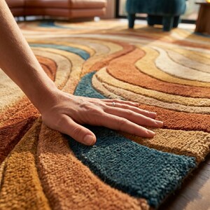 May include: A colorful area rug with a wave pattern in shades of brown, orange, yellow, and teal. The rug has a soft, textured appearance. A hand is resting on the rug.