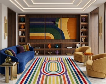 Hand Tufted Wool Area Rug, Colorful Rainbow Stripes, Modern Abstract Living Room Carpet