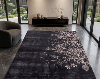 Dark Botanical Area Rug, Black Hand Tufted Wool Rug, Modern Nature Inspired Carpet, Luxury Contemporary Living Room Rug, Abstract Floral Rug