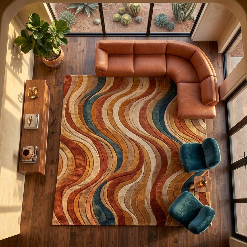 May include: An overhead view of a living room with a brown leather sectional sofa, two teal armchairs, and a colorful area rug. The rug features a wavy pattern in shades of orange, brown, blue, and cream. A wooden shelf and potted plant are also visible.