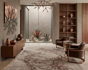 Hand Tufted Wool Abstract Tree Branch Rug, Neutral Beige Living Room Carpet