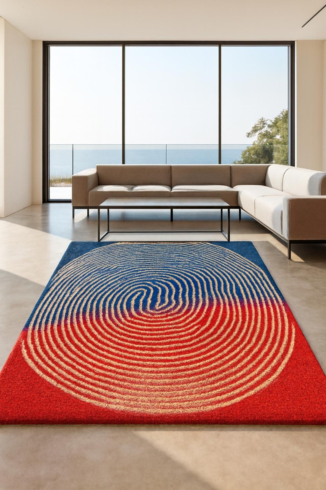Hand Tufted Wool Rug: Finger Print Pattern Blue Rust Beige Carpet. - Etsy
