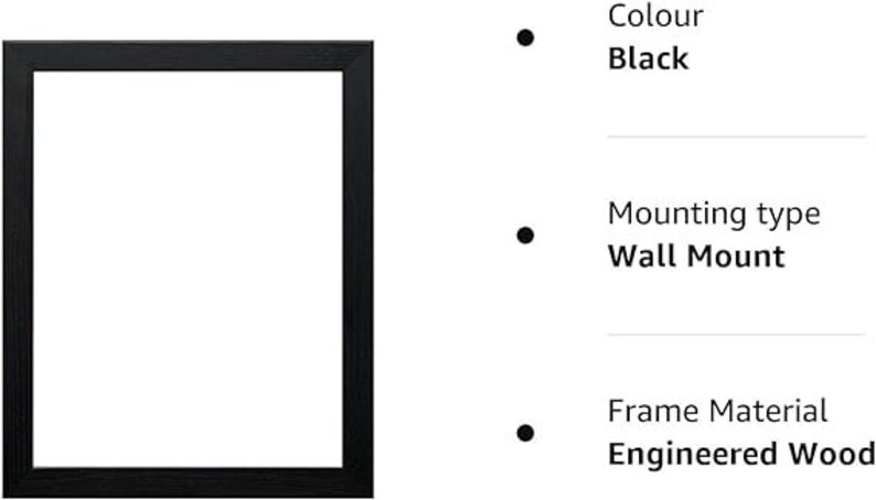 May include: Black picture frame made of engineered wood. The frame is designed for wall mounting.