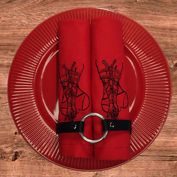 Set of Two Napkins Sensual Bondage Dinner Napkin Shibari Restraints Embroidered Fetish Textile