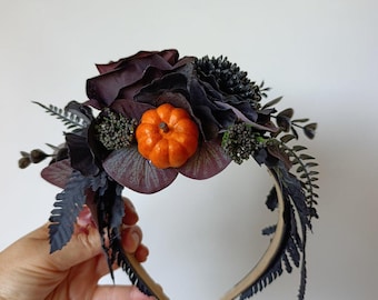 Gothic Halloween Flower Headband, Black & Purple Rose Crown with Mini Pumpkins, Witch Forest Headpiece, Dark Fairy Costume Fascinator