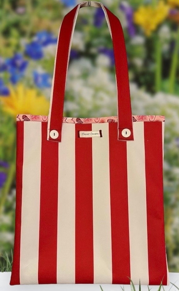 Candy Striped Tote w Fun Hearts Bold Red Striped Envelope Tote Bag Red Striped Bag Waterproof Canvas Tote Designer Tote Bag Canvas Tote