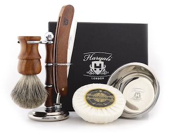 Kit de afeitado con navaja de madera hecha a mano: set de aseo de 5 piezas