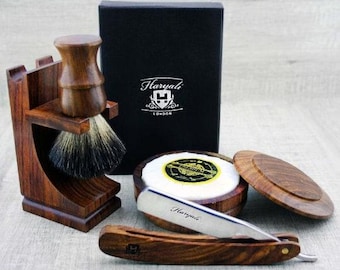 Wooden Cut throat Razor Shaving Kit | Premium Grooming Set with Razor, Brush & Soap| Handmade | Groomsman Gift | Gift for him | Gift for Dad