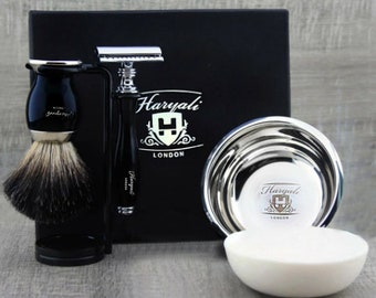 Handmade Men's Metallic Black 5-Piece Shaving Kit: Synthetic Brush, Safety Razor & Stand