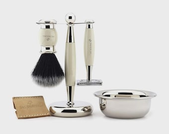 Handgefertigtes 5-teiliges Nassrasur Set – Double Edge Rasierer, Synthetik-Bürste, Ständer & Ledertasche