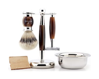 5-teiliges Rasierset für Herren - Doppelkanten-Rasierhobel, Synthetischer Rasierpinsel, 2 in 1 Rasierständer, Rasierschale & Ledertasche