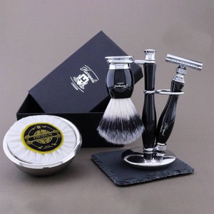 Resin Shaving Kit 5 Piece Shaving Kit for Men Gift Set Shaving Brush Safety Razor Shaving Stand Soap and Steel Bowl Shaving Set Black
