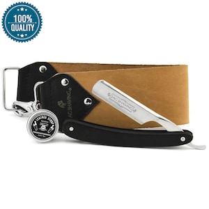 Puede incluir: Un kit de afeitado con una navaja de mango negro y hoja plateada, y una correa de cuero. El kit incluye una pequeña lata de bálsamo Leather Strop y una funda de cuero negro. La hoja está grabada con "JAG SHAVING".