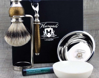 Shaving Kit Metallic 6pc Shaving Kit for Men Shaving Brush 3 Edge Razor Shaving Stand Shaving Soap and Bowl with Alum Stick Shaving Set Gold