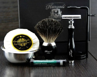 Men's Black Shaving Kit: Safety Razor, Brush, Alum, Soap & Bowl