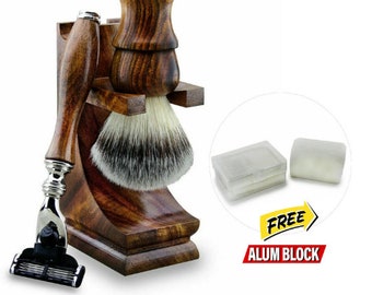 Classic Wooden Shaving Kit 3 Pc Shaving Kit for Men Shaving Brush 3-Edge Razor Wooden Shaving Stand for Brush and Razor Shaving Set Gift