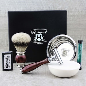 Shaving Kit Metallic 5pc Shaving Kit for Men Shaving Brush Double Edge Safety Razor Shaving Soap and Bowl with Alum Stick Shaving Set Maroon