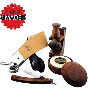 Kit de afeitado con navaja de afeitar recta hecha a mano, soporte de madera y asentador de cuero.