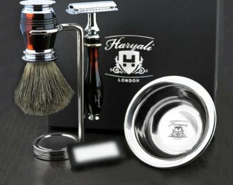 Maroon Shaving Kit for Men: Double Edge Razor, Brush, Stand & Bowl