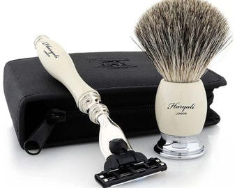 Set de afeitado de 3 piezas, maquinilla de afeitar de 3 filos, brocha de afeitar, estuche de cuero, kit de afeitado tradicional para hombre, regalo para él.