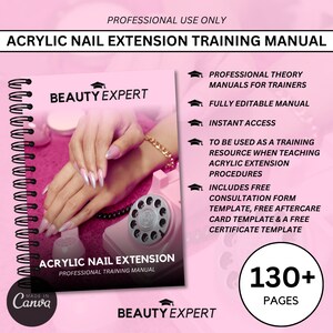 Può includere: Un manuale di formazione rosa e bianco per l'estensione delle unghie in acrilico. La copertina presenta una mano di donna con unghie in acrilico, un telefono rotativo rosa e il testo "BEAUTY EXPERT" e "ACRYLIC NAIL EXTENSION PROFESSIONAL TRAINING MANUAL". Il manuale comprende oltre 130 pagine ed è completamente modificabile.