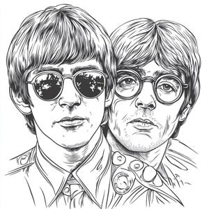 Op de afbeelding: Zwart-witte lijntekening van twee mannen met kort haar. De man links draagt een zonnebril en een overhemd met kraag. De man rechts draagt een bril en een overhemd met kraag.