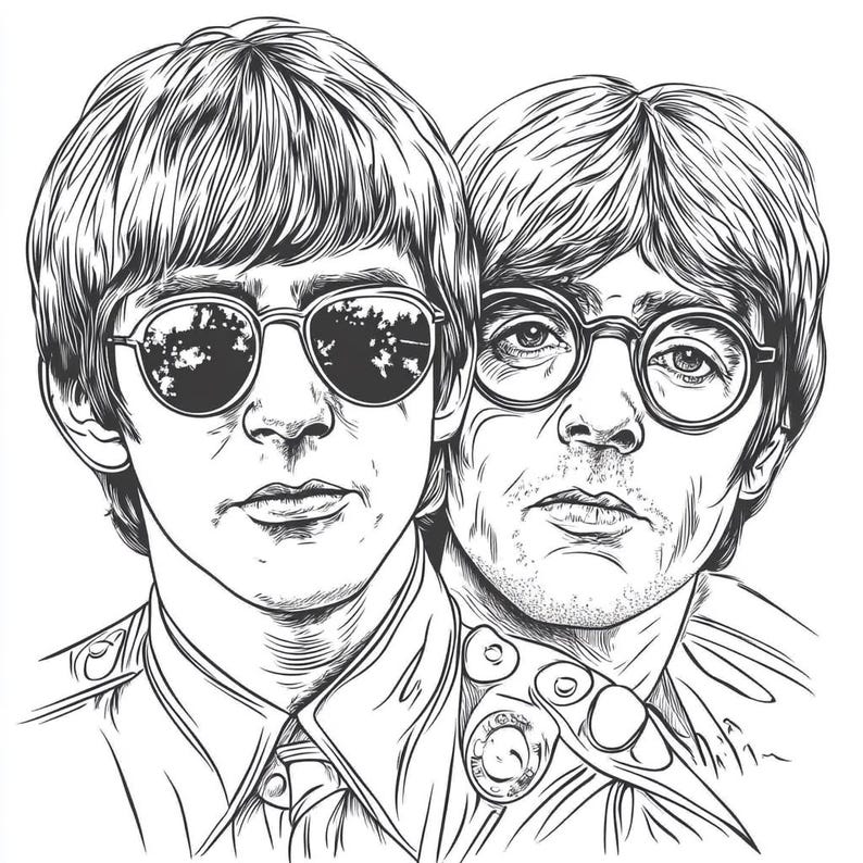 Op de afbeelding: Zwart-witte lijntekening van twee mannen met kort haar. De man links draagt een zonnebril en een overhemd met kraag. De man rechts draagt een bril en een overhemd met kraag.