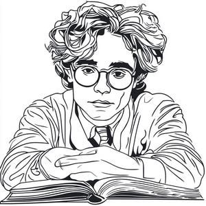 Op de afbeelding: Een zwart-witte lijntekening van een persoon met krullend haar, die een bril en een jas draagt, met gekruiste armen zit en een boek leest.