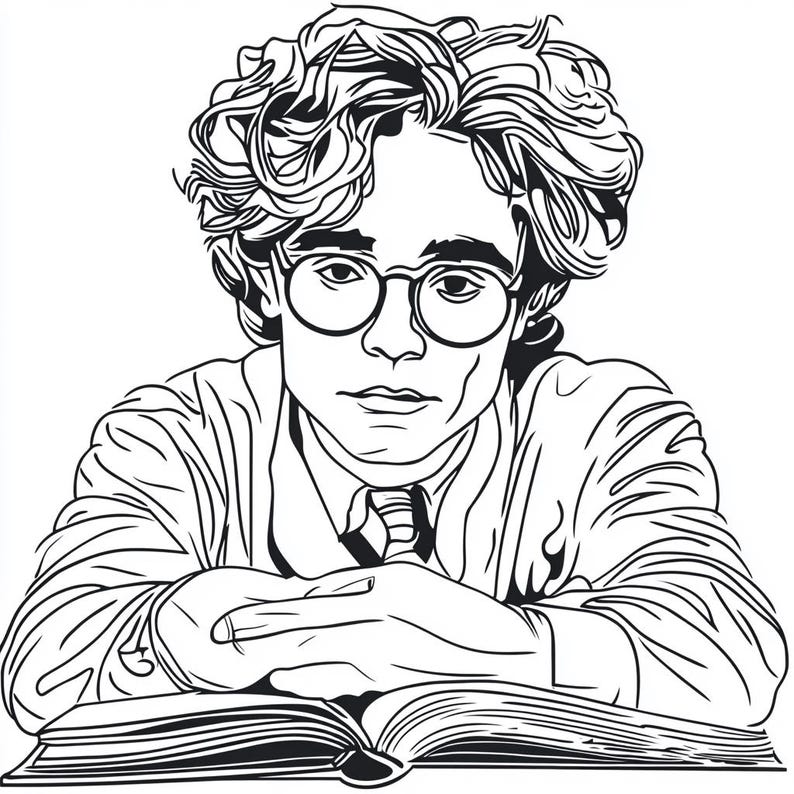 Op de afbeelding: Een zwart-witte lijntekening van een persoon met krullend haar, die een bril en een jas draagt, met gekruiste armen zit en een boek leest.