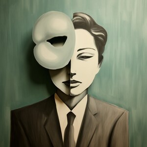 May include: A painting of a person wearing a white mask that covers half of their face. The person is wearing a dark suit and tie. The background is a light blue color.