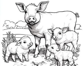 Op de afbeelding: Een zwart-witte lijntekening van een moeder varken en drie biggetjes. Het moeder varken staat met haar voorpoten licht gespreid en haar achterpoten bij elkaar. De biggetjes staan voor haar, met hun voorpoten licht gespreid en hun achterpoten bij elkaar. De biggetjes kijken allemaal naar de kijker.