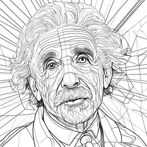 Op de afbeelding: Een zwart-witte lijntekening van Albert Einsteins gezicht. De tekening is gedetailleerd en toont de lijnen van zijn gezicht en haar.