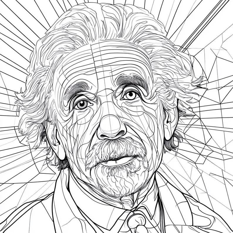 Op de afbeelding: Een zwart-witte lijntekening van Albert Einsteins gezicht. De tekening is gedetailleerd en toont de lijnen van zijn gezicht en haar.
