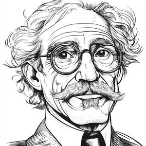 Op de afbeelding: Zwart-witte lijntekening van een man met een snor en bril. Hij glimlacht en heeft een vriendelijke uitdrukking.