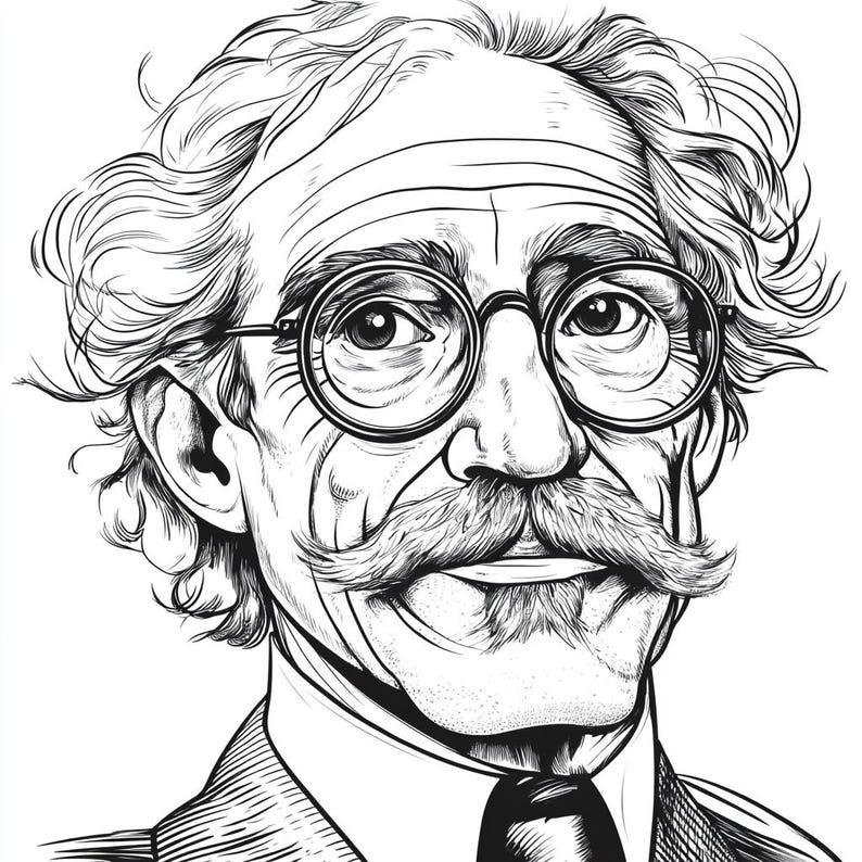 Op de afbeelding: Zwart-witte lijntekening van een man met een snor en bril. Hij glimlacht en heeft een vriendelijke uitdrukking.