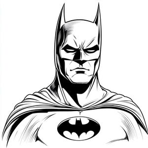 Op de afbeelding: Zwart-witte lijntekening van Batmans hoofd en schouders. Hij draagt een cape en zijn iconische kap met een vleermuissymbool op zijn borst.