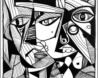 Op de afbeelding: Zwart-witte abstracte kunstprint met twee gezichten met geometrische vormen en lijnen. De gezichten zijn gedeeltelijk verborgen door de geometrische vormen.