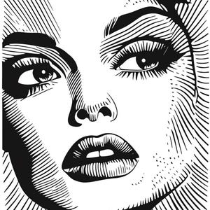 Op de afbeelding: Zwart-witte lijntekening van een vrouwen gezicht. De vrouw heeft lange wimpers, volle lippen en een gedefinieerde neus. De afbeelding is getekend in een gestileerde, grafische stijl.
