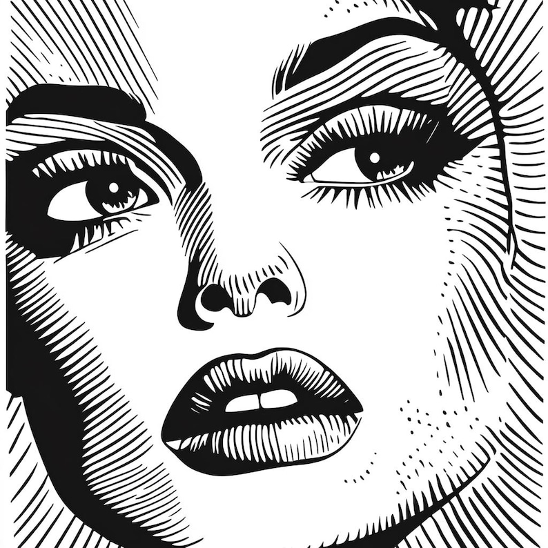 Op de afbeelding: Zwart-witte lijntekening van een vrouwen gezicht. De vrouw heeft lange wimpers, volle lippen en een gedefinieerde neus. De afbeelding is getekend in een gestileerde, grafische stijl.
