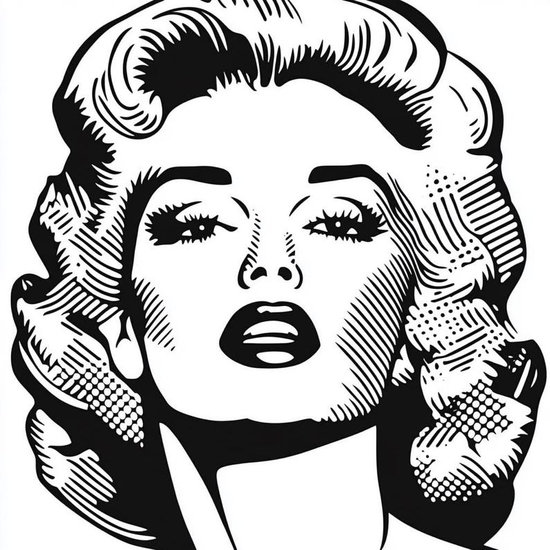 Op de afbeelding: Zwart-witte lijntekening van een vrouw met een klassieke kapsel uit de jaren 50. De vrouw heeft een dramatische, gestileerde look met dikke wenkbrauwen, grote ogen en een volle, rode lip.