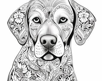 Op de afbeelding: Zwart-witte lijntekening van een hondenkop met ingewikkelde bloem- en geometrische patronen. De hond heeft een korte, stompe snuit en hangende oren.