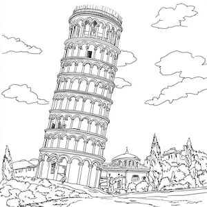 Op de afbeelding: Een zwart-witte lijntekening van de Scheve Toren van Pisa in Itali&euml;. De toren helt naar rechts en is omgeven door bomen en wolken.