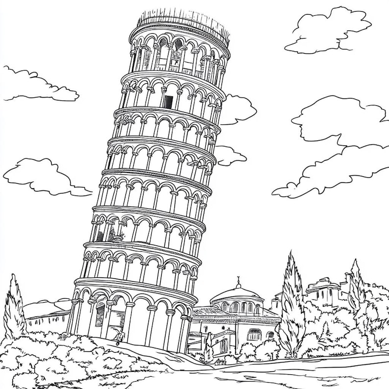 Op de afbeelding: Een zwart-witte lijntekening van de Scheve Toren van Pisa in Itali&euml;. De toren helt naar rechts en is omgeven door bomen en wolken.