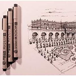 May include: A black and white ink drawing of a building with a courtyard. The drawing is done with a Micron pen. The drawing is on a white sheet of paper.