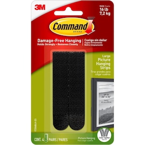 May include: A packet of Command brand large picture hanging strips. The red and white packet holds up to 7.2 kg. It contains 4 pairs of black strips, suitable for pictures up to 60 cm x 90 cm.