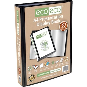 May include: A black A4 presentation display book with the text "eco eco" and "A4 Presentation Display Book". The book has 80 pockets and features the "eco eco" logo and the words "ecological economical".