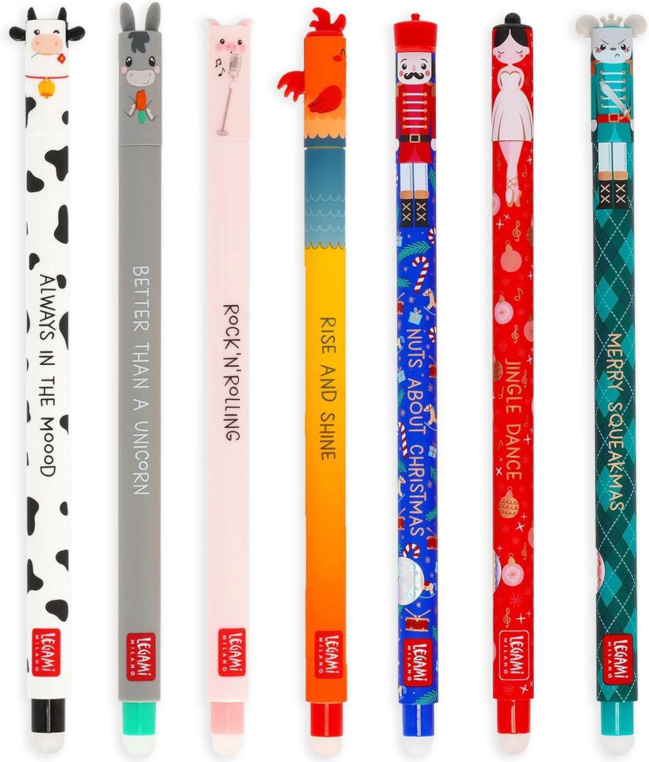 LEGAMI Lot 7 Stylos Gel Effaçables + Trousse 2-en-1 – Encre Thermosensible – Motifs Animaux Mignons (Abeille & Co)