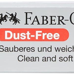 May include: A rectangular, black eraser with a white label. The label features the Faber-Castell logo, the words "Dust-Free," and the text "Clean and soft erasing."