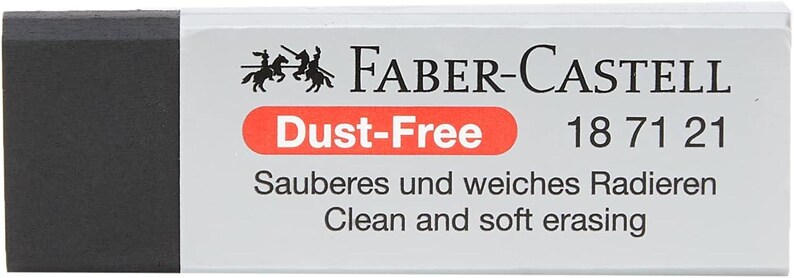 May include: A rectangular, black eraser with a white label. The label features the Faber-Castell logo, the words "Dust-Free," and the text "Clean and soft erasing."