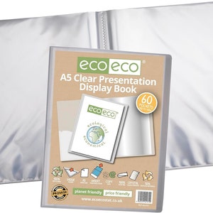 May include: An A5 clear presentation display book with 60 pockets. The book is open to show the clear pockets. The cover has the text "eco eco" and "A5 Clear Presentation Display Book". The cover also has a small logo with the text "eco eco" and the words "ecological" and "economical".